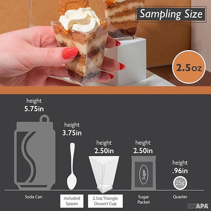 Ilyapa 3oz Plastic Dessert Cups - 100 Pack Mini Dessert Cups with Spoons - Clear Reusable Small Appetizer Cup for Cheesecake Shooters, Chocolate Mousse - Party and Catering Supplies - Triangle