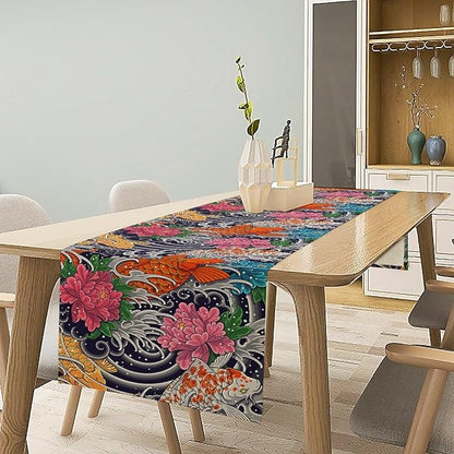 Japanese Retro Flowers Table Runner Oriental Tradition Kio Fish Art Printed Burlap Runner Home Kitchen Dining Table Living Room Decor Fabric 1 Panel W13xL70in