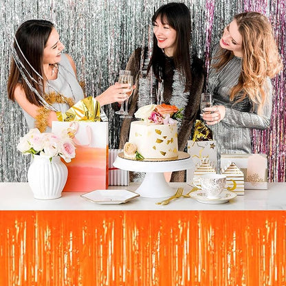 3 Pack 29 x108 Inch Macaron Orange Foil Fringe Table Skirts Metallic Banner for Tinsel Streamer Garland Backdrop for Parade Floats Mother's Day, Graduate, Birthday, Wedding Party Decoration