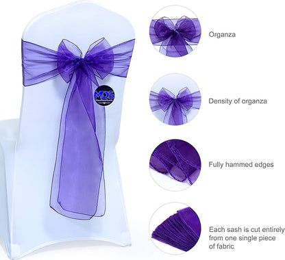 MDS Pack of 200 PCS Organza Chair Sashes Wider Dining Chair Bows Ribbon Tie Back for Wedding Party Birthday Bridal Shower Reception Event Banquet Home Chair Cover Decoration - Purple