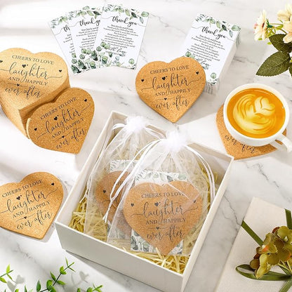 Uiifan 100 Set Wedding Favors for Guest Coaster Gifts Bulk Heart Shaped Coasters Thank You Cards Organza Bags Guest Souvenirs for Wedding Party Bridal Favors