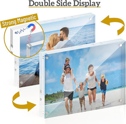 5x7 Acrylic Picture Frame 5 Pack, 20mm Thick Magnetic Double Sided Display 20% Thicker- Frameless Clear Transparent Photo Frame for Desktop/Tabletop, Self Standing with Microfiber Cloth