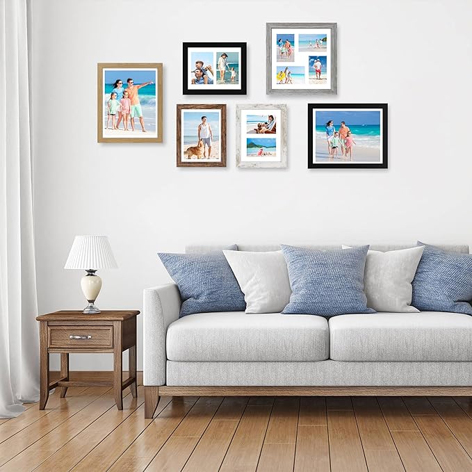 8x10 Picture Frame Set of 2, Rustic Brown Wood Frame with Glass Collage Frame, Display Pictures Two 4x6 With Mat or 8 x 10 Without Mat - Horizontal or Vertical Wall Mounting
