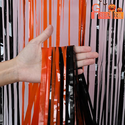 Black Orange Streamers Party Backdrop - GREATRIL Tinsel Fringe Curtain for Halloween Decorations/Pumpkin/Birthdays Party Decoration - 3.2ft X 8.2ft - 2 Packs