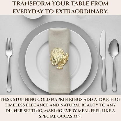Set of 12 Turkey Napkin Rings for Thanksgiving Table Decor | Premium Metal Dinnerware Holders | Fall Harvest, Christmas & Holiday Banquet Accessories (Gold) - ALPHA Living HOME
