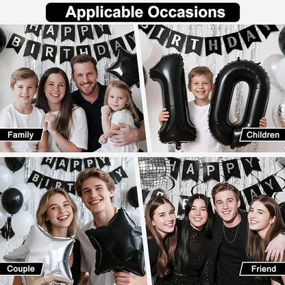 10th Birthday Decorations for Boys Girls, Black Silver Happy Birthday Party Decorations， 10 Year Old Party Supplies with Number 10 Balloons, Banner, Fringe Curtains Kit