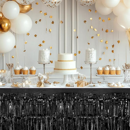 2 Pack Black Orange Table Skirts, 29x108" Metallic Foil Tinsel Fringe Table Skirt for Rectangle Tables Streamer Curtains Backdrop, Party Decorations for Birthdays, Weddings, Holidays
