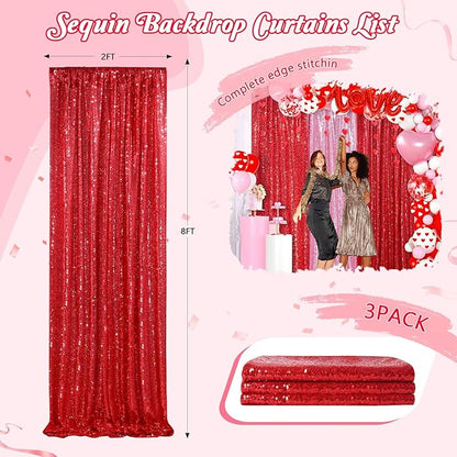 Red Curtains Birthday Sequin Backdrop, 3 Pack 2ft x 8ft Party Photography Background Drapes Christmas Decorations