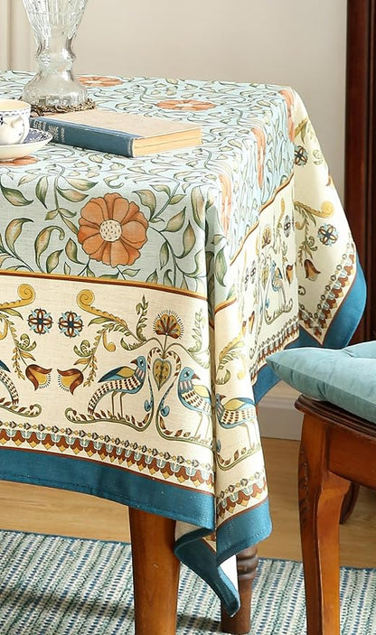 patdrea Designer French Linen Blue Tablecloth for Rectangle Table,Vintage Floral Table Cloth,Colorful Decoration Fall Cover Kitchen Dining for Thanksgiving,Tea Party,Christmas,55"x71"-Wensel