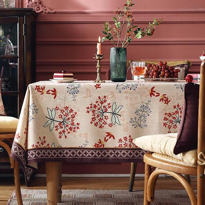 patdrea Designer French Linen Long Tablecloth for Rectangle Table,Vintage Red Floral Tablecloths,Dacorative Cover for Kitchen Dining,Tea Party,Christmas,Thanksgiving,Holiday,63"x87"-Newmari