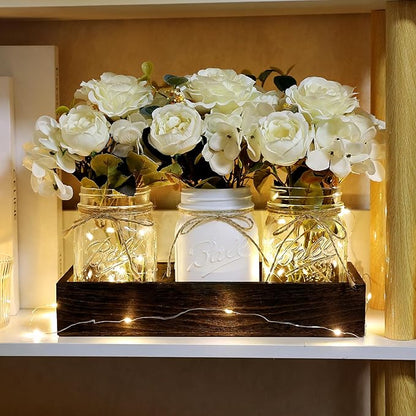 Mason Jar Lights Centerpiece for Table, Mason Jar Centerpiece Table Decor for Dining Room Farmhouse Coffee Table Decor with Wood Tray Fairy Lights Fake Peony Flowers for Kitchen Living - Ivory