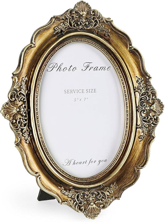 Cuspin 5x7 Gold Frames Vintage Picture Frame, Bronze Gold 5 by 7 Picture Frame Hand-Crafted Resin with Glass Front Ornate Retro Antique Photo Frame for Wall and Tabletop Display Home Decor