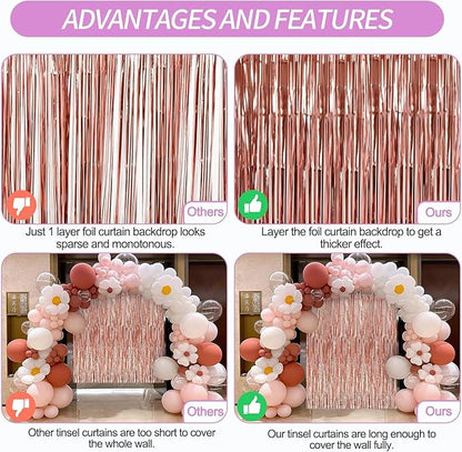 Crosize 8 Pack 3.3 x 9.9 ft Rose Gold Foil Fringe Curtains Party Decorations, Rose Gold Tinsel Curtain Backdrop for Parties, Door Streamers, Glitter Streamer Backdrop for Birthday Decoration
