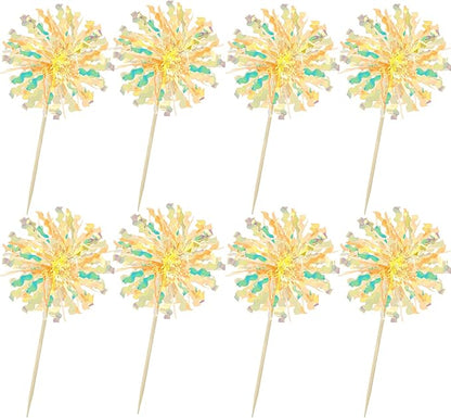 Ephlyn 30Pcs Foil Firework Cupcake Toppers Sparkle Tinsel Drink Birthday Cake Decorations Cocktail Food Fruit Toothpick for New Years Wedding Birthday Party Decorations Yellow
