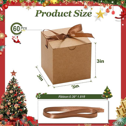 DOYIDE 60 Pcs Small Gift Boxes, 3x3x3 inches Kraft Paper Gift Box with Ribbons, Brown Candy Boxes for Christmas Wedding Favors Baby Shower Bridal Shower Birthday Party