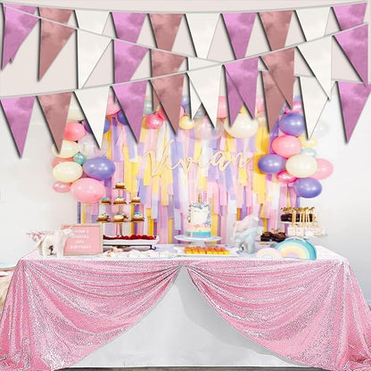40M/130FT Rose-Gold Pink Triangle Pennant Banner Flag Metallic Fabric Bunting Garland for Christmas Graduation Wedding Engagement Anniversary Bachelorette Birthday Bridal Shower Hen Party Supplies