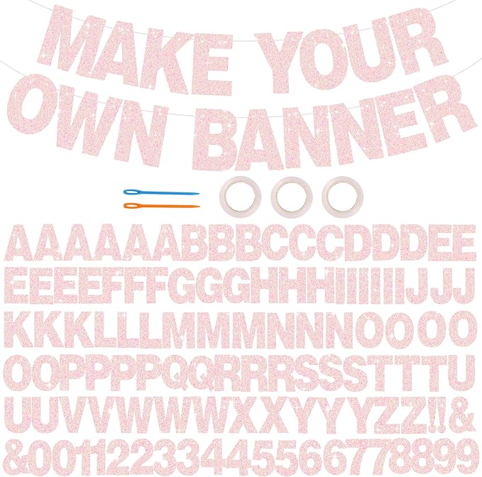 BEISHIDA 116 PCS Glitter Color Pink DIY Letter Banner Kit Make Your Own Banner，Including 111 Letters and Numbers 3 Rope and 4 Threading Device,Customized for Birthday Graduation Wedding Party Decor