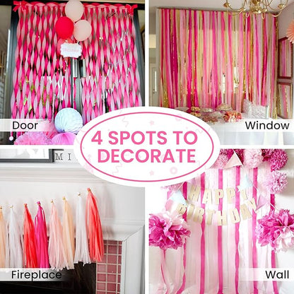 PartyWoo Pink Crepe Paper Streamers 4pcs 328ft Pack of Dark Hot Pink Magenta Fuchsia Crepe Paper Streamers for Birthday Gender Reveal Baby Shower Wedding Bachelorette Princess Party Decorations