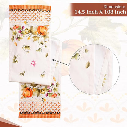 Maison d' Hermine Table Runner 100% Cotton Single Layer Table Runners 108 inches Long for Thanksgiving Christmas Decorations Home Kitchen Dining Wedding (Pumpkin Garden - Cloudy Cream, 14.5" x 108")