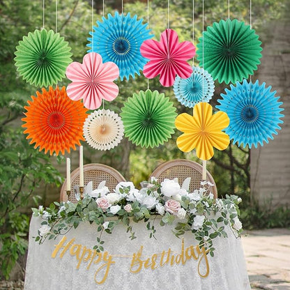 Colorful Birthday Party Decoration Paper Flower Hanging Decoration for Wall Happy Birthday Banner Paper Fans Deco for Tropical Hawaii Luna Birthday Party