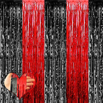4 Pack 3.2Ft x 6.6Ft Black Red Fringe Curtain Backdrop, Metallic Tinsel Foil Fringe Streamers Curtains Background for Photo Booth Wedding Casino Viva Las Vegas Game Night Birthday Party Decorations