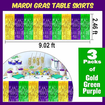 3 Pack 29 x108 Inch Gold Green Purple Foil Fringe Table Skirts Metallic Banner for Tinsel Streamer Garland Backdrop for Parade Floats Mother's Day, Graduate, Birthday, Wedding Party Decoration