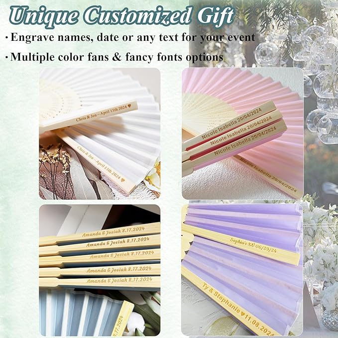 Personalized Engraved Light Blue Fans, Folding Hand Fans 70 Pcs, Wedding Party Favors, Custom Silk-Bamboo Fans