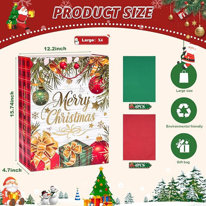 LYLIN 4Pcs 16" Large Christmas Gift Bags with 8 Tissue Papers, Reusable Christmas Tote Bags with Handles, Bulk Xmas Treat Bags for Wrapping Gifts, Party Favors and Holiday Decor