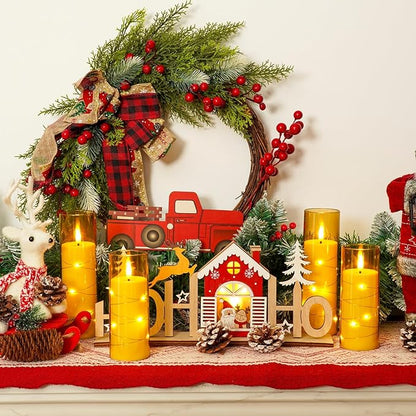 Homemory Flameless Candles with Embedded Star String Fairy Lights, Battery Operated Candles with Remote Control and Timer, Flickering LED Candle for Fall Pumpkin Decorations, Amber Gold, Set of 9