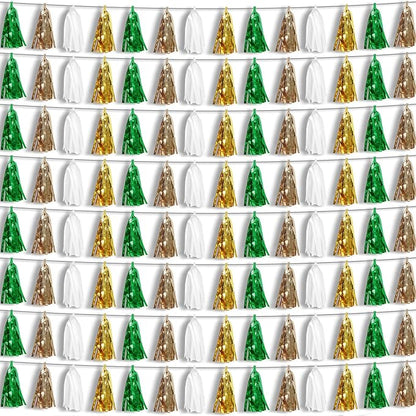 8P Sage-Green Beige-Mint Gold Foil Fringe Metallic Tassel Garland Banner, Tassels Banner Streamers for Parade Floats, Bachelorette, Wedding, Birthday, Christmas, Bridal/Baby Shower Party Decorations