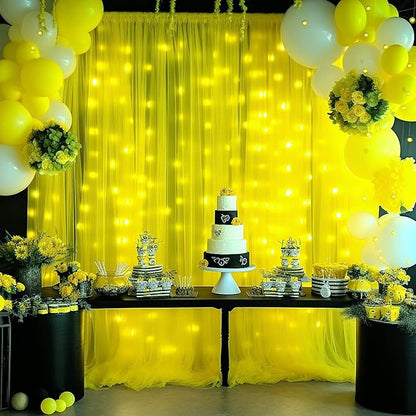 Yellow Tulle Backdrop Curtains with Lights String for Birthday Party Photoshoot 10ft × 8ft Sheer Backdrop Curtains for Baby Shower Wedding Background Decorations 2 Panels 5×8ft