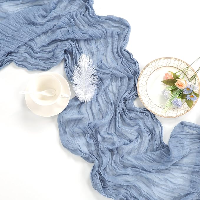 12 Pack Dusty Blue Table Runner 10ft Boho Gauze Fabric Cheesecloth Table Runner 35 x 120 Inch Rustic Sheer Runner for Wedding Decor Baby Shower Party Table Centerpiece Decorations