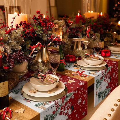 Christmas Snowman Cotton Linen Table Runner for Dining Kitchen, Xmas Tree White Snowflakes Winter Wedding Outdoor Party Tablerunners Decoration, Dresser Scarf Coffee Tablecloth Runners 13x108 Inches