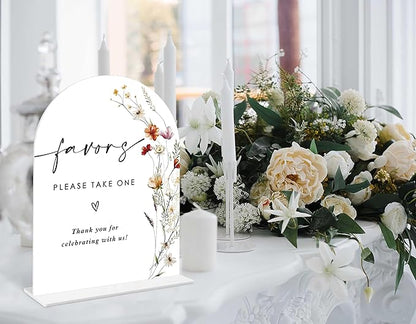 Boho Floral Favors Sign, 6 x 8 Inch White Arch Acrylic Wedding Sign with Holder, Wedding Sign for Ceremony and Reception, Wedding Decoration, Wedding Supplies - BX26