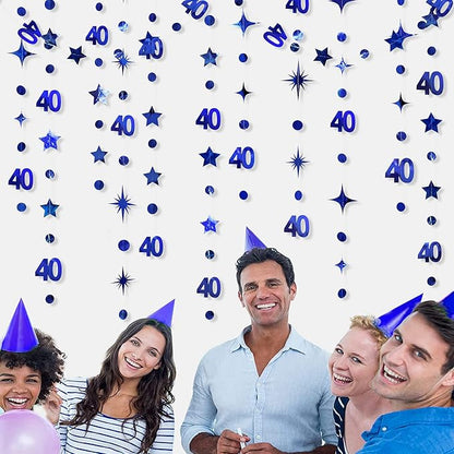 Navy Blue 40th Birthday Decorations Number 40 Circle Dot Twinkle Star Garland Metallic Hanging Streamer Bunting Banner Backdrop for Women 40 Year Old Birthday Forty Anniversary Party Supplies
