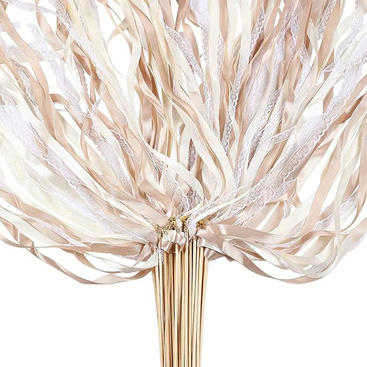 Sumind 40 Pieces Ribbon Wedding Streamers with Bells, Lace Fairy Wand Stick Party Ribbon Streamers Chromatic Silk Streamers for Party, Birthday and Holiday (Champagne)