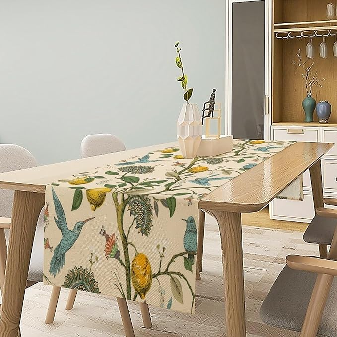 Table Runner with Flowers and Birds, Spring Plant Flowers Table Decoration Linen Table Runner Family Party Party Decorations 13x60 Inches