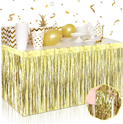 3 Pack 29 x108 Inch Light Gold Foil Fringe Table Skirts Metallic Banner for Tinsel Streamer Garland Backdrop for Parade Floats Wedding Thanksgiving Birthday Christmas New Year Party Decoration
