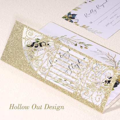 25Pcs Light Gold Glitter Laser Cut Wedding Invitation Kits with Envelopes and RSVP Cards Personalized Invitations for Sweet 16 Baby Bridal Shower Engagement Quinceanera Invite