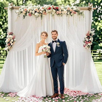 10 * 8FT White Pearl Tulle Double Layered Backdrop Curtain with Lights String and Lining Fabric for Wedding Baby Shower Birthday Parites Photo Decorations