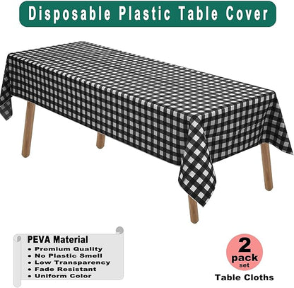 Black & White Gingham Checkered Plastic Tablecloths 2 Pack Disposable Table Covers 54 x 108 Inch Party Tablecovers Buffalo Plaid Table Cloth for BBQ, Picnic, Birthday