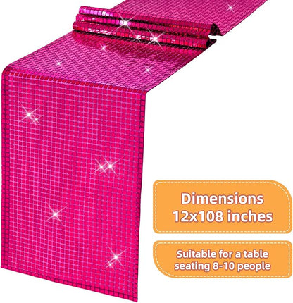 SquarePie Disco Table Runner 6 Pack - Hot Pink Mirror Sequin Glitter Foil Runner for Disco Party Decor Retro 70s 80s Theme, Bachelorette Birthday Dance Decoration 12x108 Inch