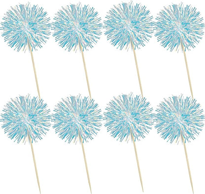 Ephlyn 30Pcs Foil Firework Cupcake Toppers Party Birthday Cake Toppers Supplies Sparkle Tinsel Cocktail Fruit Toothpick for Birthday Wedding Graduation Party Blue