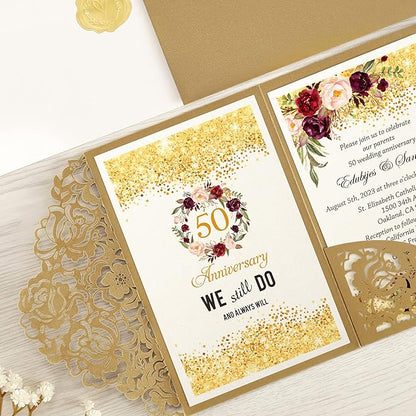 DORIS HOME 50pcs Laser Cut Wedding Invitations with Envelopes Gold, 4.7x7.1 Personalized Invitation Cards for Wedding, 50 Anniversary Invitations with Envelopes
