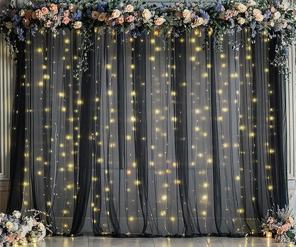 Black Sheer Backdrop Curtains with Lights String for Parties Birthday 10ft × 8ft Black Tulle Backdrop Curtain for Baby Shower Wedding Graduation Halloween Party Photo Shoot Decorations