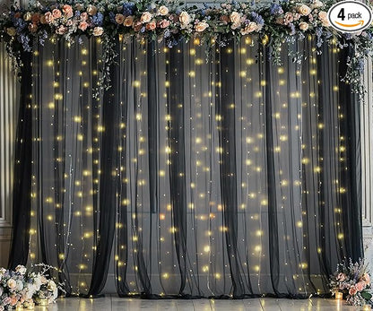 Black Tulle Backdrop Curtain with Lights String for Parites 20ft×10ft Black Sheer Backdrop Curtains for Baby Shower Wedding Bridal Shower Birthday Party Photo Shoot Decorations(4 Panels 5×10ft)