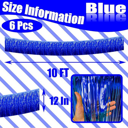 6 Pack 10 Feet Foil Fringe Garland Metallic Tinsel Streamers Banner Wall Hanging Curtain Backdrop Banner for Parade Floats, Thanksgiving, Christmas, Birthday, Halloween Party Decorations(Blue)