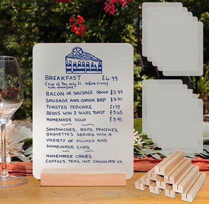 Frosted Blank Rectangle Acrylic Sign with Wooden Stands - 10 Pack DIY Customizable Sign Kit for Wedding Table Numbers, Restaurant Party Bridal Shower (5x7 Inch)