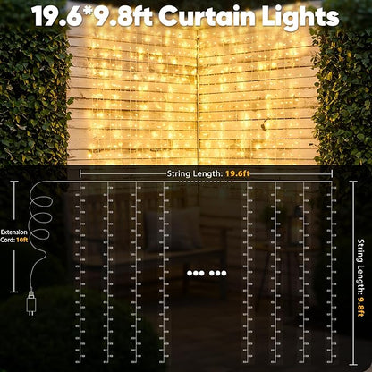 suddus 600 LED Christmas String Lights Outdoor, 9.8x19.6ft Curtain Light Plug in with Remote, 8 Modes Wall Hanging Lights for Christmas,Dorm,Wall,Window,Wedding,Party,Birthday Decor,Warm White