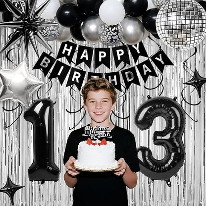 13th Birthday Decorations for Boys Girls, Black Silver Happy Birthday Party Decorations， 13 Year Old Party Supplies with Number 13 Balloons, Banner, Fringe Curtains Kit